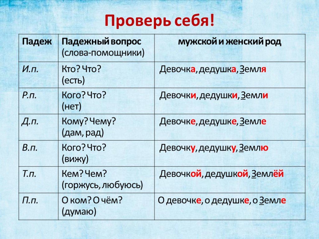 Склонение существительных — таблица и примеры
